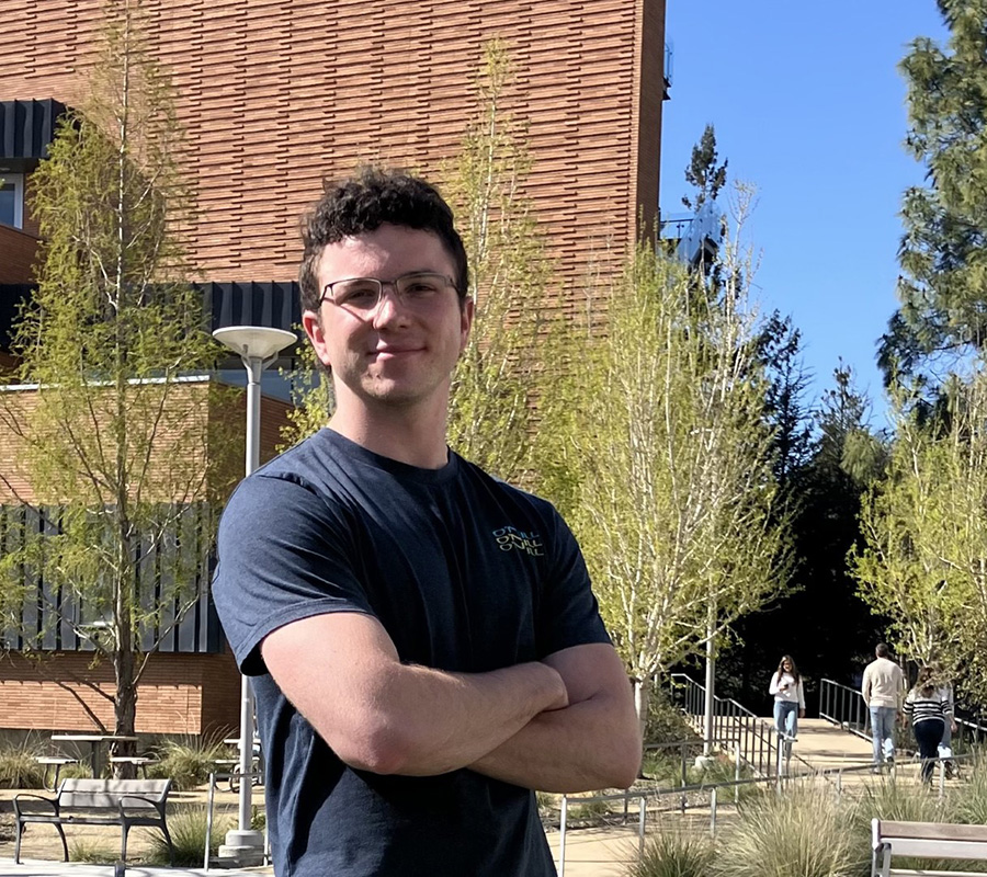Biological sciences student Jeff Wilson on Baker Lawn