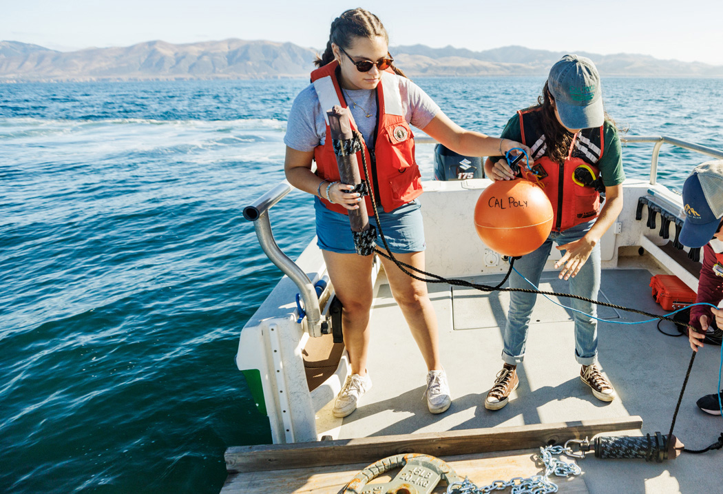 Cal Poly marine science students prepare to deploy a mooring. 