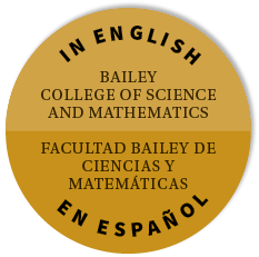 Circular gold badge with bilingual text: “In English — Bailey College of Science and Mathematics” and “En Español — Facultad Bailey de Ciencias y Matemática