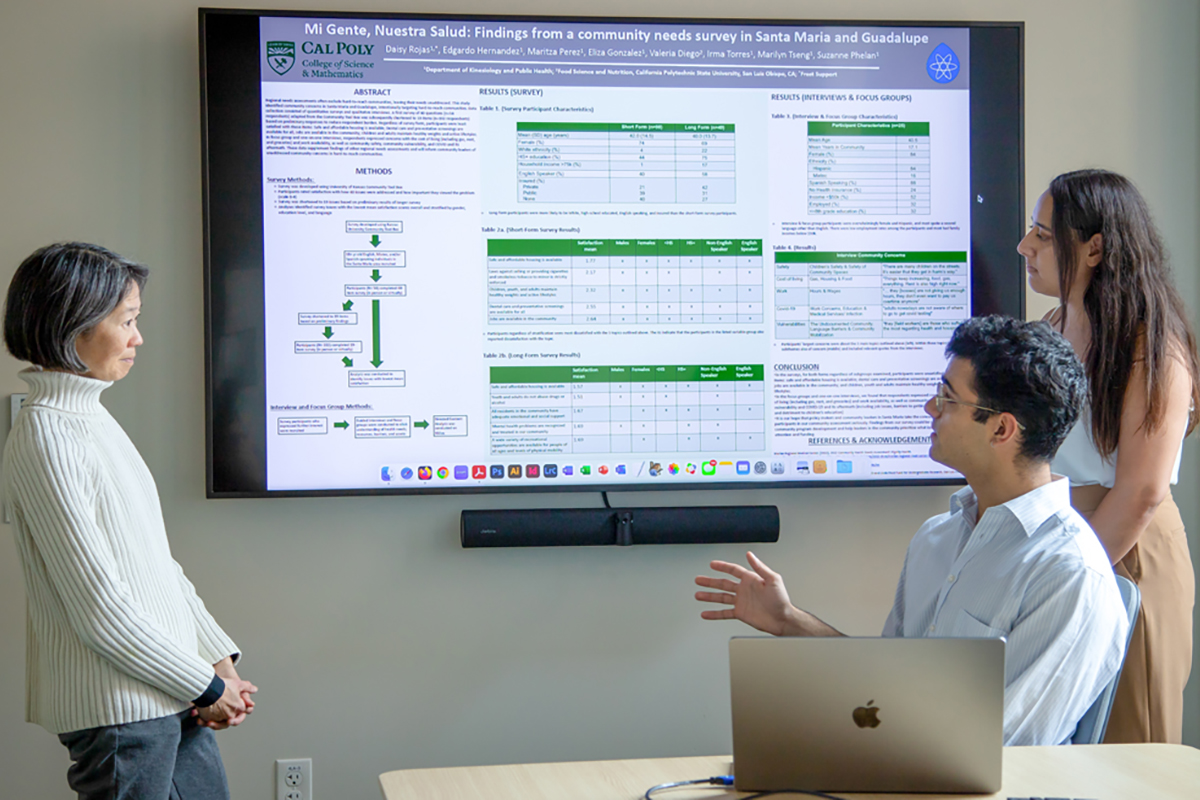Students presenting research findings on a screen during a discussion with a faculty member.