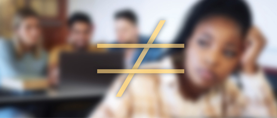 Blurred classroom scene with students working at desks, with a Black female student in the foreground resting her head on her hand, overlaid with a large “not equal” symbol representing inequities in mathematics education.