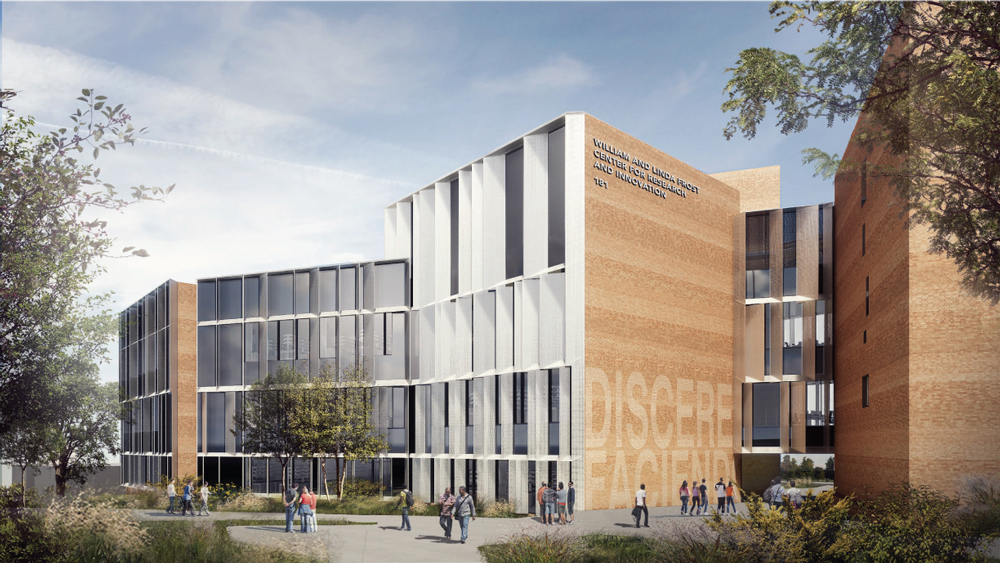 An architectural rendering of the exterior of the William and Linda Frost Center for Research and Innovation