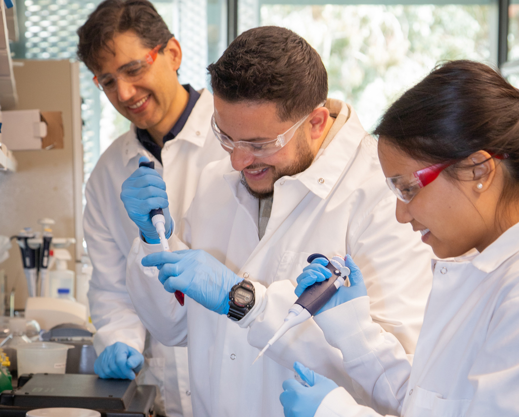 Three researchers in lab coats and safety glasses use pipettes to transfer liquid samples while working together at a laboratory bench.