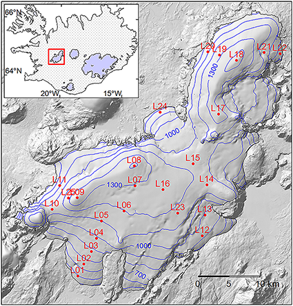 A topographical map showing the elevation of the Langjökull glacier