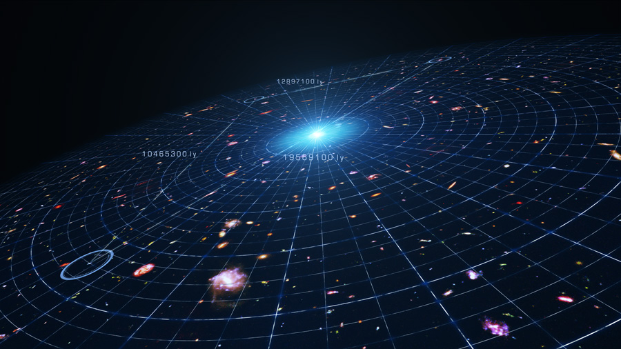 NASA illustration of the expanding universe showing galaxies scattered across a curved grid of spacetime radiating outward from a bright central point, with distances labeled in light-years.