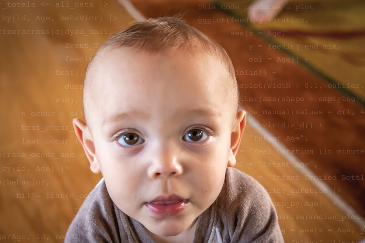 Close-up of a baby looking directly at the camera, with faint data or code text overlaid in the background.