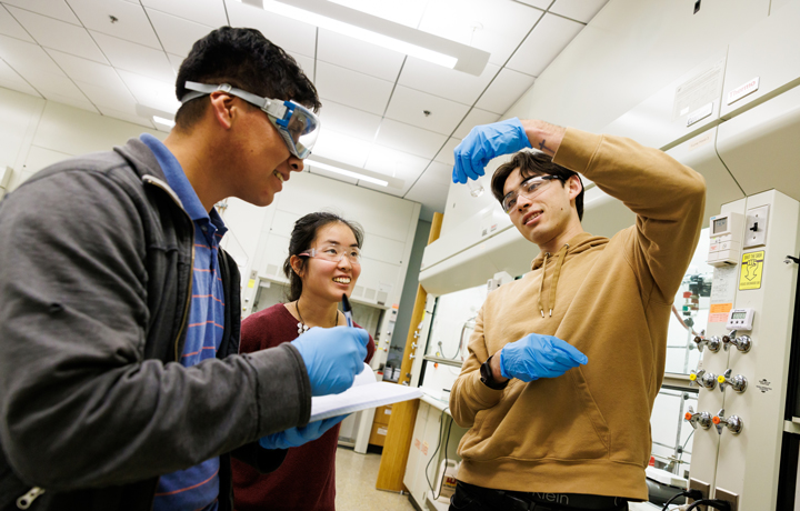 Graduate and undergraduate students with chemistry and biochemistry Professor Leslie Hamachi