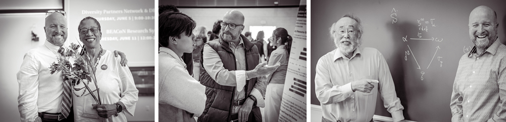 Triptych of Dean Wendt with various faculty and students