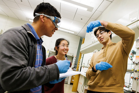Graduate and undergraduate students with chemistry and biochemistry Professor Leslie Hamachi