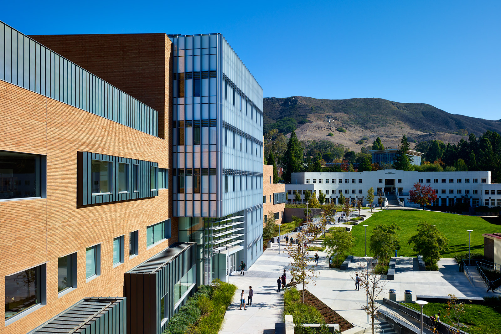 View from outside the Baker Center, looking towards Building 25 and the Cal Poly P
