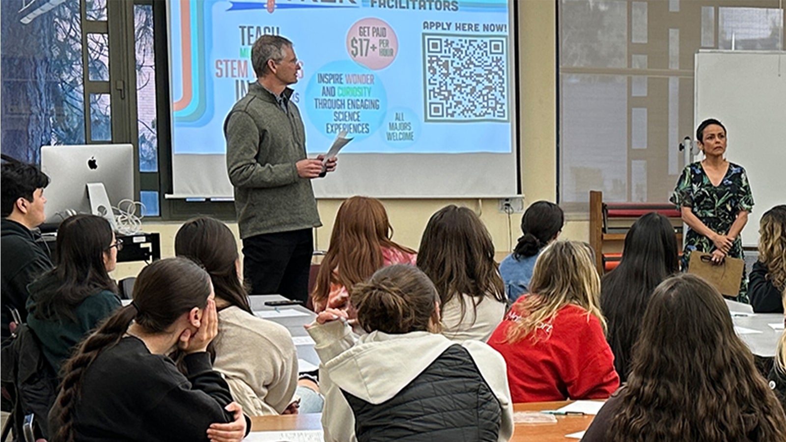 Chance Hoellwarth, the director of Cal Poly CESAME, and Maria Spaeth, a second-grade teacher at Grover Beach Elementary School, at a "Why I Speak" series event.