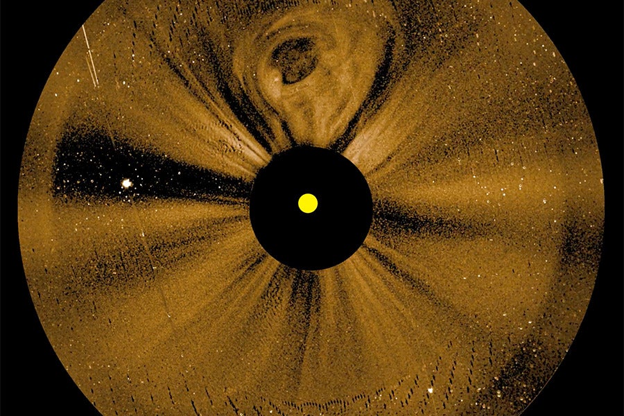 Image from NASA’s mission showing a wide-field view of the Sun’s outer atmosphere (the corona) and the solar wind streaming into space.
