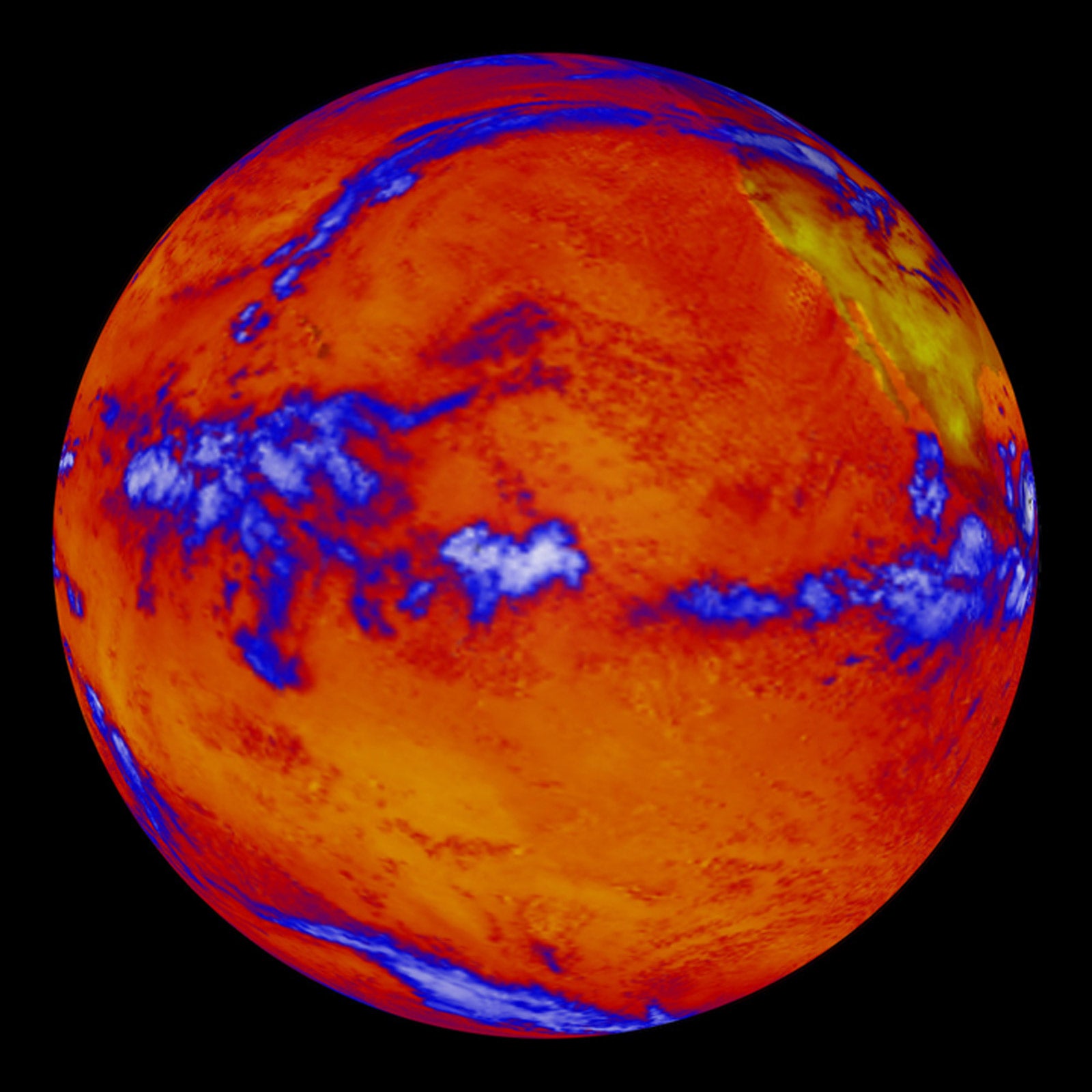 Red and blue NASA Goddard image of the Earth, showing where more or less heat is emanating from the top of the atmosphere.