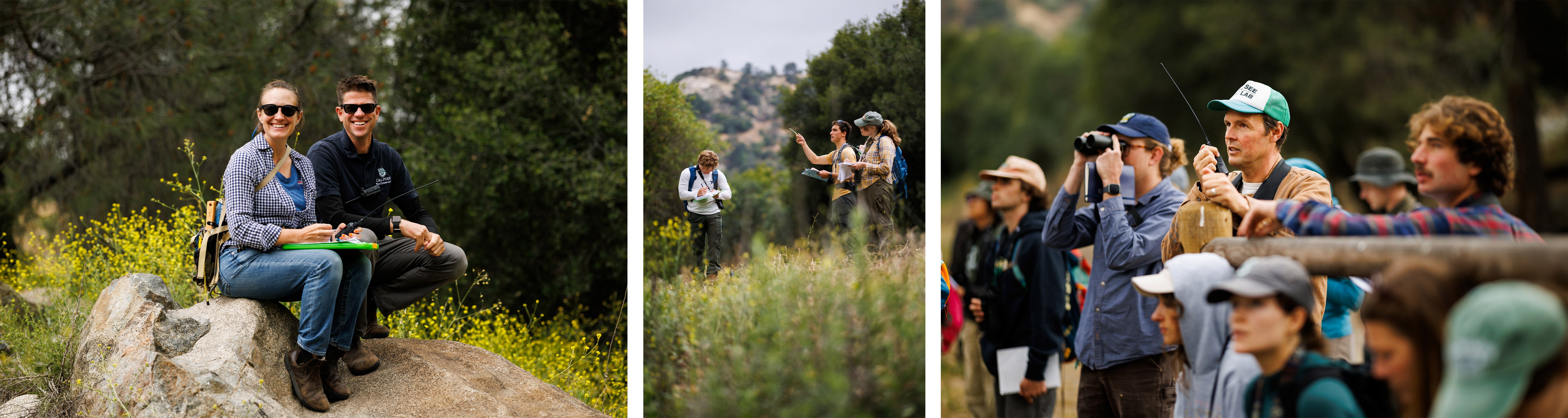 Three photos of field quarter experiences. The first is of a student sitting next to a professor on a rock. The second is of three students taking notes while making observations in the hills. The third is of a professor with a radio standing in a group of students observing something in the distance; one student is looking through a pair of binoculars.