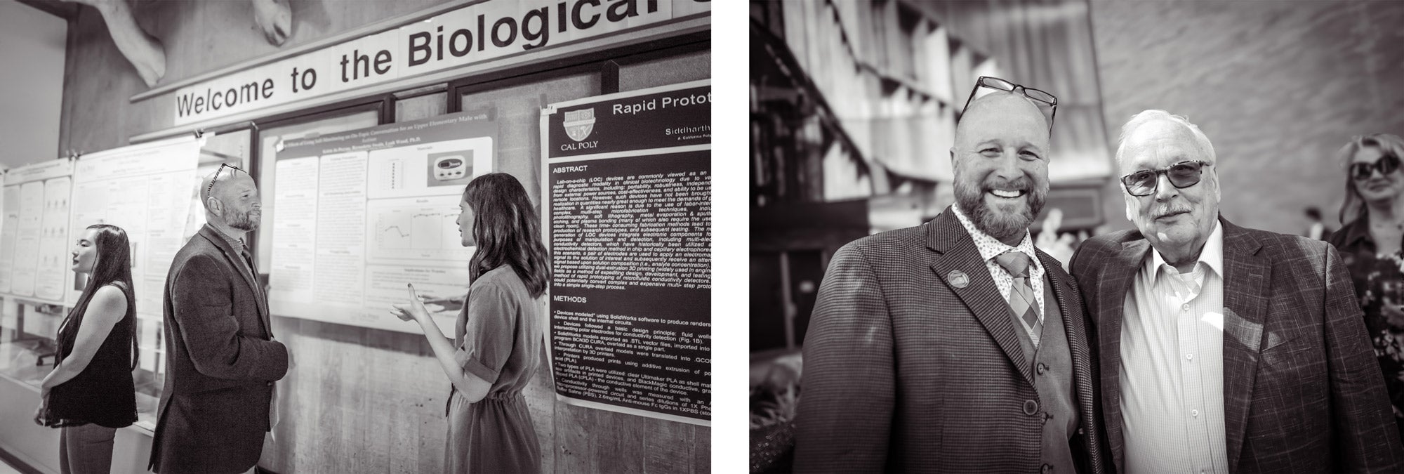 Two inline photos. The first is of Dean Wendt speaking to a student in front of their research poster at the 2018 Student Research Conference. The second is of Dean Wendt with Bill Frost at the dedication ceremony for the William and Linda Frost Center for Research and Innovation in 2023.