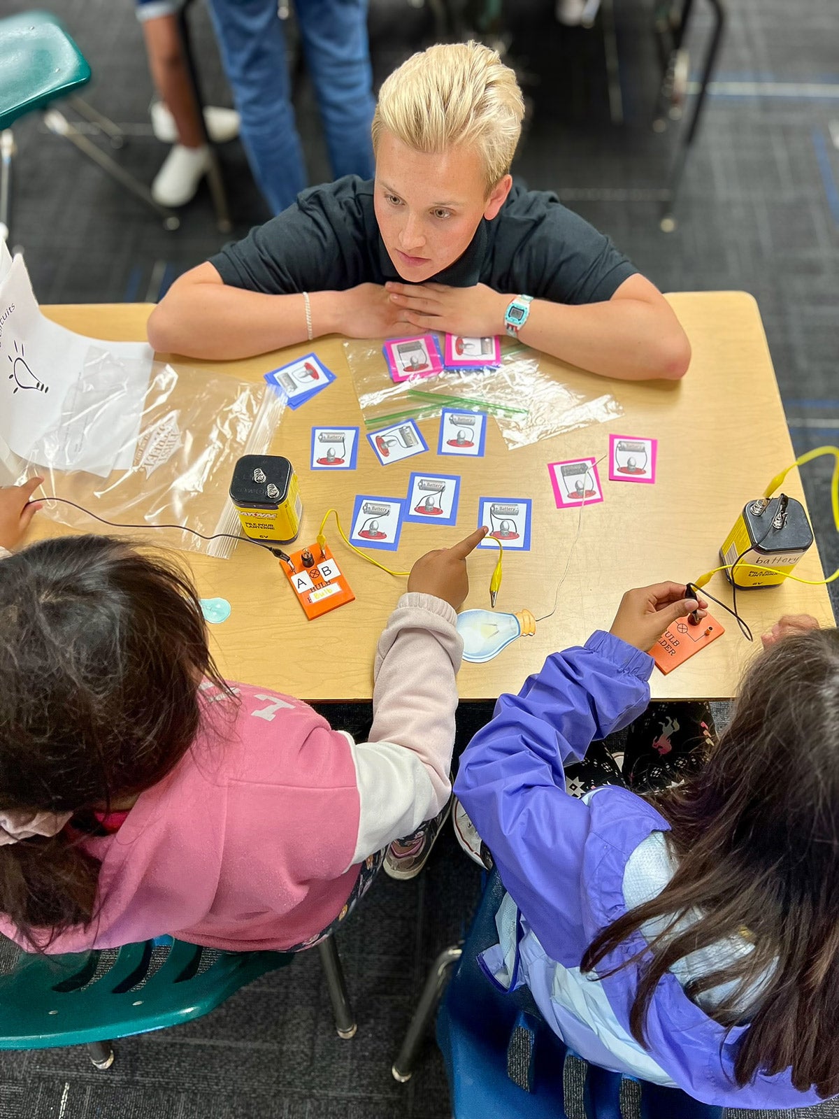Cal Poly mentor Claire Gillaspie reviews the properties of a complete circuit with young makers at Oceano Elementary School.