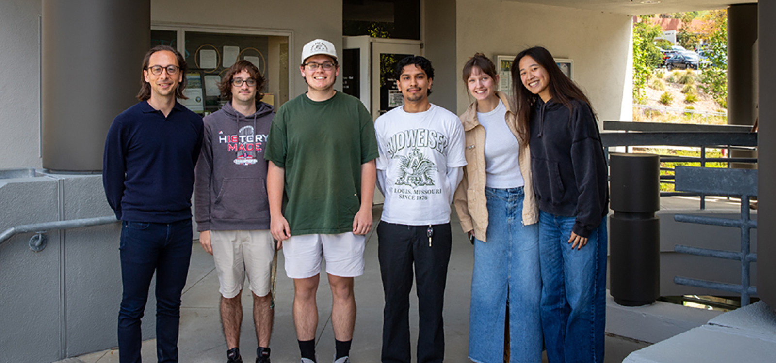 Statistics Assistant Professor Trevor Ruiz with student researchers Nathan Greenfield, Nick Patrick, Jose Garcia, Alea Seifert and Nicole Yee.