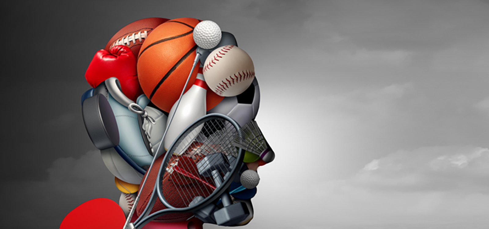  Illustration of a human head formed from sports equipment including a basketball, football, tennis racket and boxing glove
