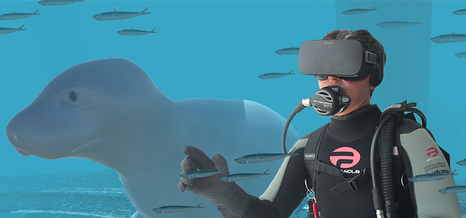 A student with a VR headset makes their way through a virtual school of fish.