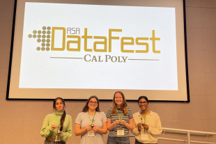 Tara Rajagopalan, Barbara Ibrahim, Charlotte Kuebitz and Kaviya Veerasingam pose with their awards after winning Best in Show at Cal Poly’s 2025 ASA DataFest.