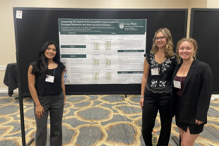 Cal Poly students Jennifer Perez Aguilar (left), Storey Balko (middle) and Grace Bell (right) showcase their research at a poster presentation at the Southwest Regional Chapter of the American College of Sports Medicine conference, which took place in October 2024 in Irvine, California. 