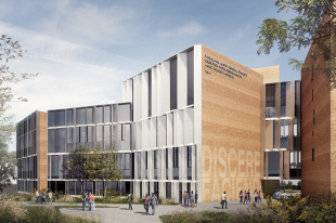 An architectural rendering of the exterior of the William and Linda Frost Center for Research and Innovation