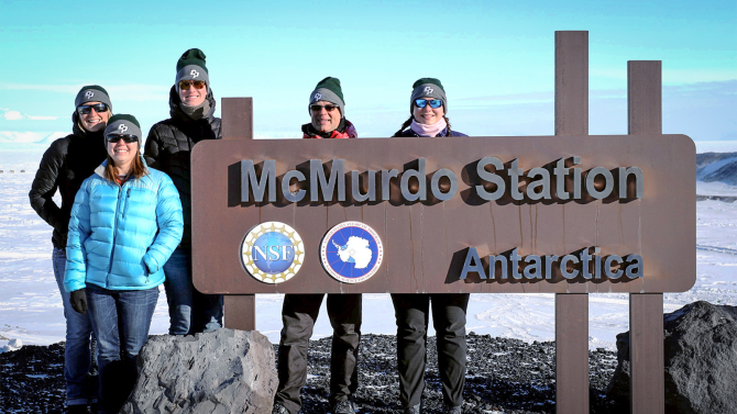 Biological sciences Professors Heather Liwanag and Lars Tomanek with Cal Poly students at McMurdo Station in Antarctica, a U.S. research facility, as part of their research on Wendell sea pups.