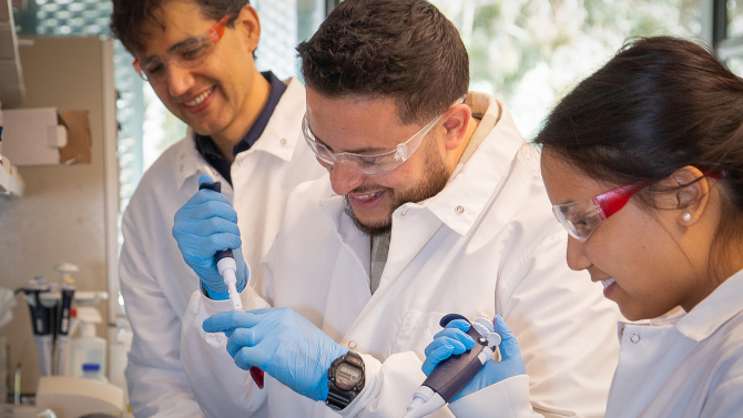 Professor and students doing research for the Center for Applications in Biotechnology
