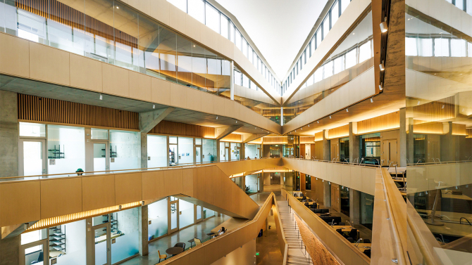 View of the open atrium inside the William and Linda Frost Center for Research and Innovation.