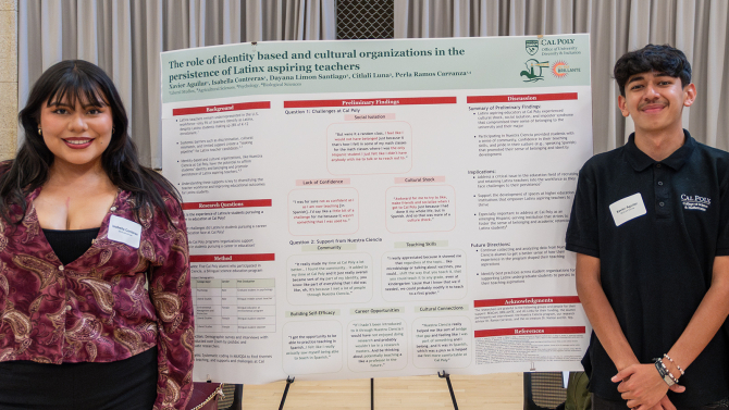 Liberal studies students and BEACoN Research Scholars Isabella Contreras and Xavier Aguilar presenting their research poster.