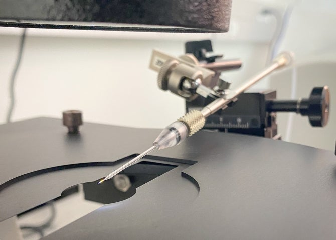 Close-up of an injection needle on a micromanipulator